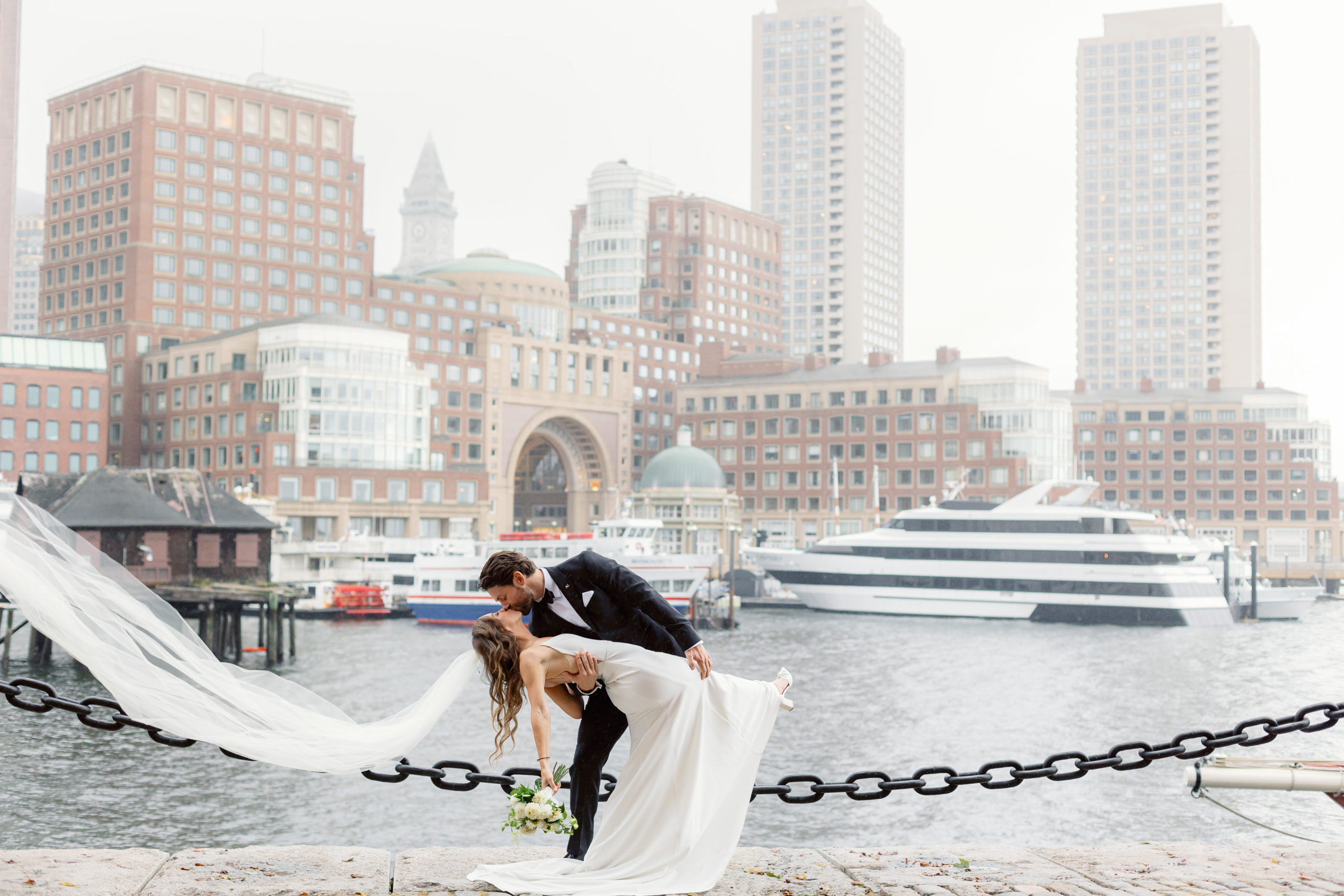 bride and groom at Boston's Fan Pier Park